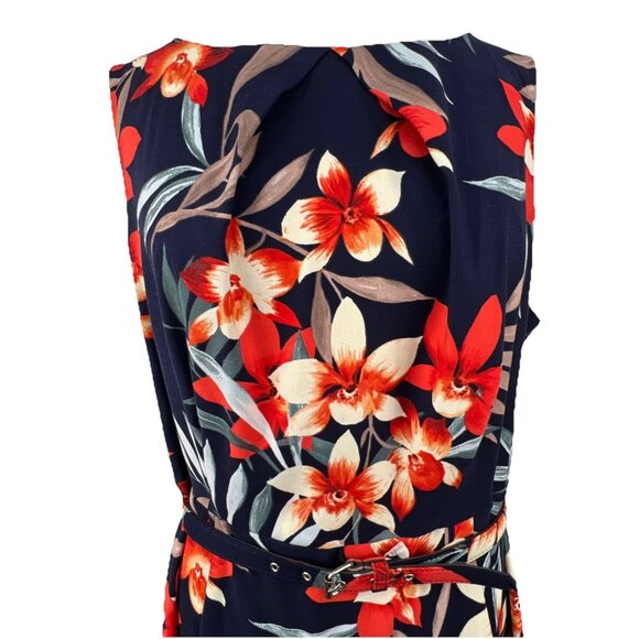 Signature Darby Size 16W Dress Blue and Orange Floral Sleeveless Zip Back Belted - Picture 2 of 9